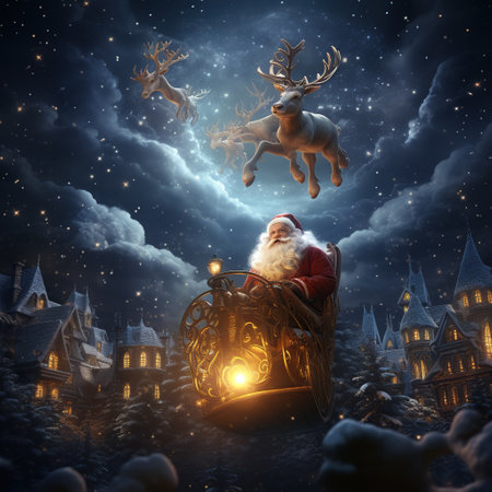 Santa Claus flying in a sleigh with reindeer and the moon. Generative AIの素材
