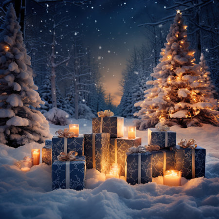 Christmas gift boxes in the snowy forest at night. 3D rendering. Generative AIの素材
