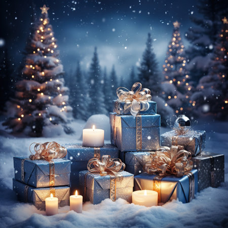 Christmas gift boxes with burning candles in snowy forest. Christmas background. Generative AIの素材