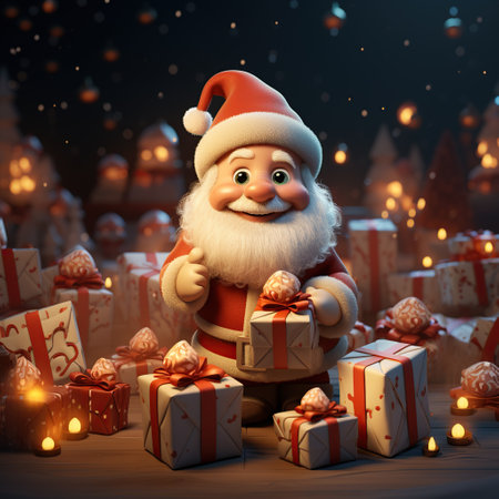 3D illustration of Santa Claus with gift boxes and Christmas lights. Generative AIの素材
