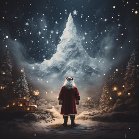 Santa Claus standing in front of a snowy mountain. Christmas background. Generative AIの素材