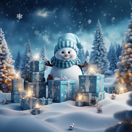 Snowman with gift boxes in winter forest. 3D rendering. Generative AIの素材