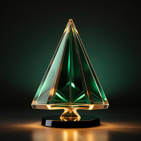 3D illustration of a green glass Christmas tree on a dark background. Generative AIの素材