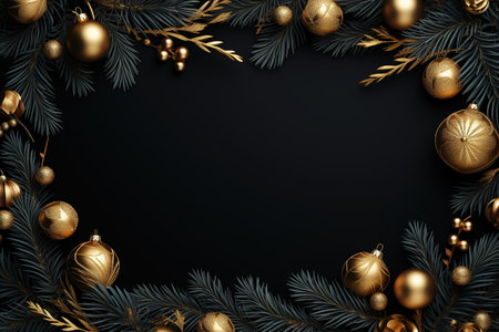 Christmas background with golden baubles and fir branches on a black background. Generative AIの素材
