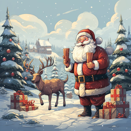 Santa Claus with a bag of gifts and reindeer in the winter forest. Generative AIの素材