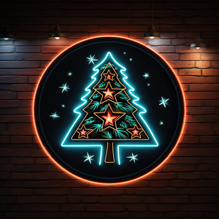 Neon sign with Christmas tree on brick wall background. Vector illustration. Generative AIの素材