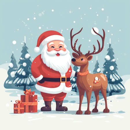 Santa Claus with reindeer and gift box. Vector illustration. Generative AIの素材