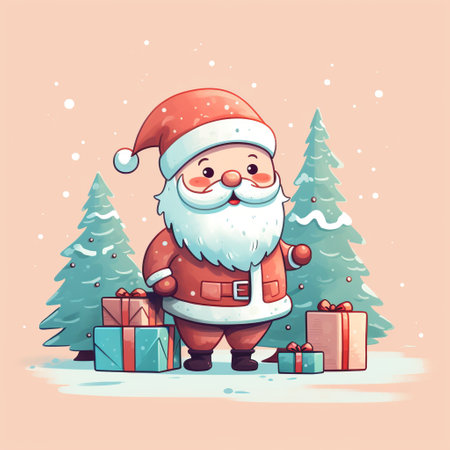 Cute cartoon Santa Claus with gifts in the forest. Vector illustration. Generative AIの素材