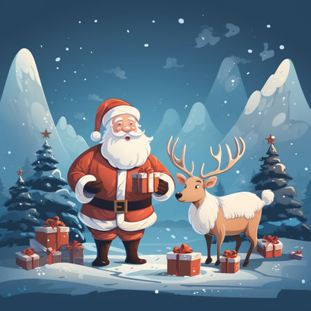 Santa Claus with reindeer and gifts in winter forest. Vector illustration. Generative AIの素材