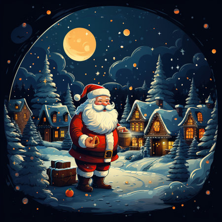 Santa Claus with gifts in the village at night. Vector illustration. Generative AIの素材