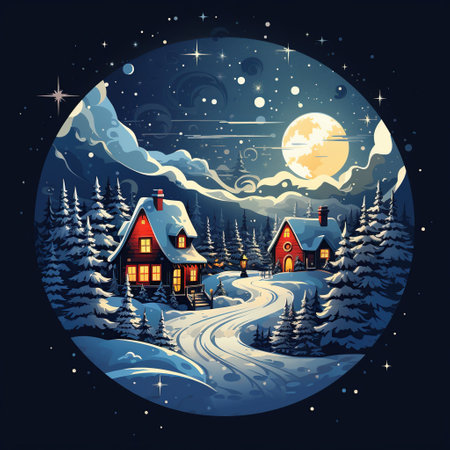Winter landscape with a house in the mountains and the moon. Vector illustration. Generative AIの素材