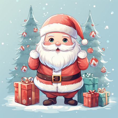 Cartoon Santa Claus with gifts on the background of Christmas trees. Generative AIの素材