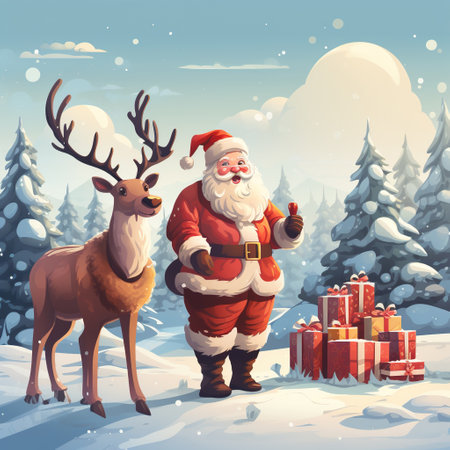 Santa Claus with reindeer and gifts in winter forest. Christmas illustration. Generative AIの素材