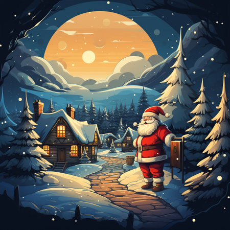 Santa Claus coming home from the village at night. Vector illustration. Generative AIの素材