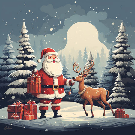 Santa Claus with reindeer and gifts in winter forest. Vector illustration. Generative AIの素材