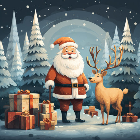 Santa Claus with reindeer and gifts in the forest at night illustration. Generative AIの素材