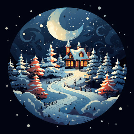 Winter landscape with a house and a crescent moon. Vector illustration. Generative AIの素材