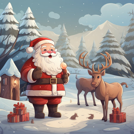 Santa Claus with reindeer in the winter forest. Vector illustration. Generative AIの素材