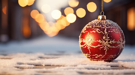 Christmas or New Year background with red ball and bokeh lights. Generative AIの素材