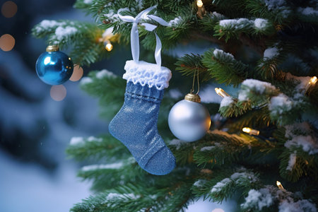 Christmas socks hanging on the Christmas tree with lights in the background. Winter holidays concept. Generative AIの素材