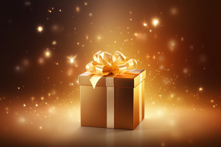 Golden gift box with a golden bow on bokeh background. Vector illustration. Generative AIの素材