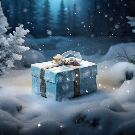 Gift box in winter forest. Christmas and New Year concept. Generative AIの素材