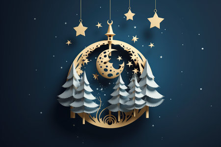 Merry Christmas and Happy New Year greeting cards with golden moon, fir trees, and snowflakes. Vector illustration. Generative AIの素材