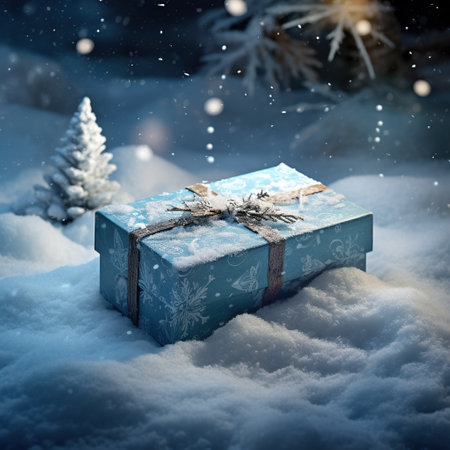 Blue gift box on snow background. Christmas and New Year concept. Generative AIの素材