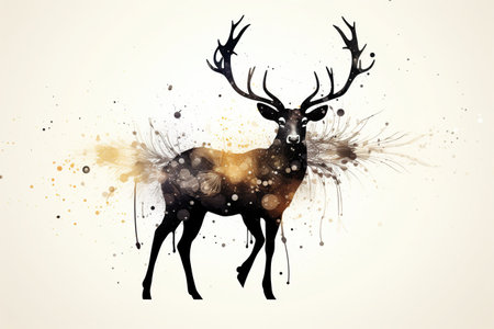 Silhouette of a deer with splashes of ink on a white background. Generative AIの素材