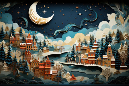 Winter landscape with houses in the forest and the moon. Vector illustration. Generative AIの素材