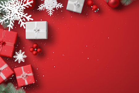 Christmas background with red gift boxes and snowflakes on a red background. Generative AIの素材