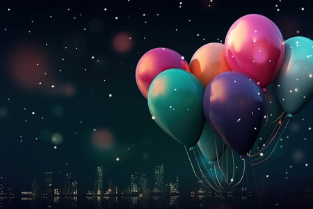 Colorful balloons flying in the night sky. 3D illustration. Generative AIの素材