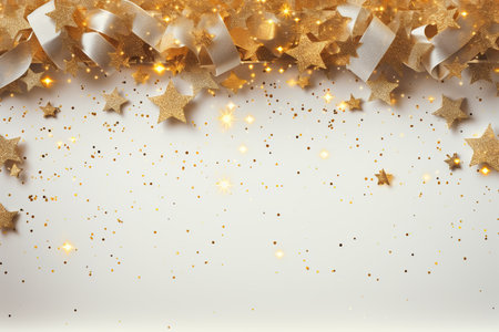 Christmas and New Year background with gold confetti and stars on white. Generative AIの素材
