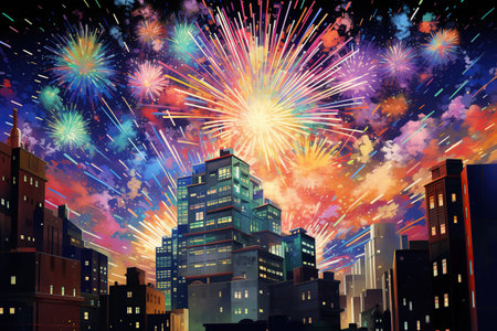 Fireworks in the sky over the city at night. Vector illustration. Generative AIの素材