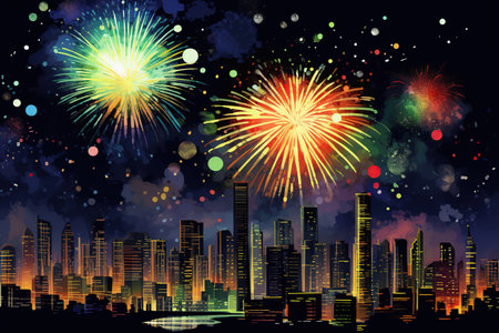 Cityscape with fireworks in the background of the night. Vector illustration. Generative AIの素材