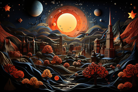 Fantasy landscape with a full moon and a city. Vector illustration. Generative AIの素材