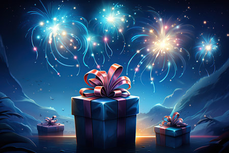 Happy New Year and Merry Christmas background with gift boxes and fireworks. Generative AIの素材
