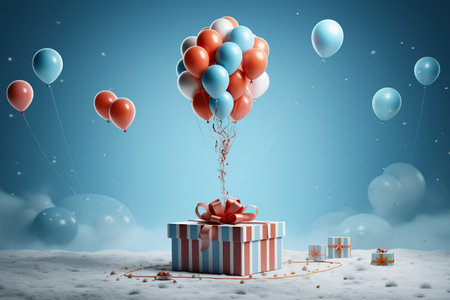 Gift box with red bow and balloons on snow 3D rendering. Generative AIの素材