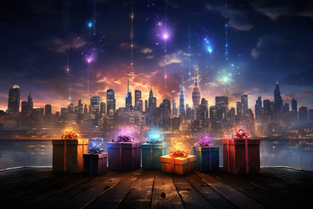 Gift boxes on wooden floors with the New York City skyline in the background. Generative AIの素材