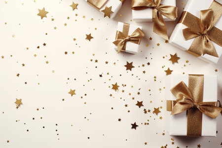 Gift boxes with golden bow and confetti on white background, top view, Generative AIの素材