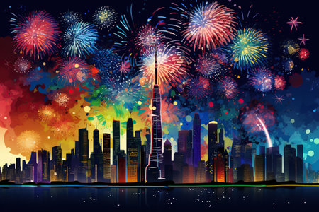 Cityscape with fireworks in the background of the night. Vector illustration. Generative AIの素材