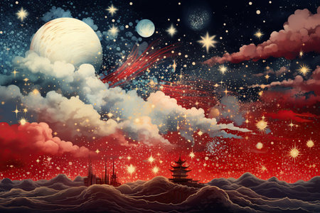 Night sky with moon, clouds, and pagodas. Vector illustration. Generative AIの素材