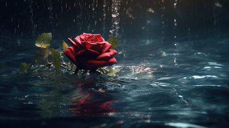 Red rose in the water with drops of rain in the background. Generative AIの素材