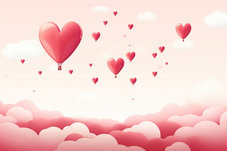 Valentine's Day background with red heart-shaped balloons flying in the sky. Generative AIの素材