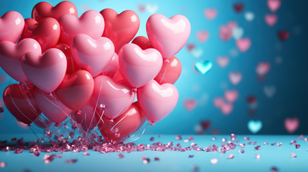 Valentine's Day background with heart-shaped balloons. 3D rendering. Generative AIの素材