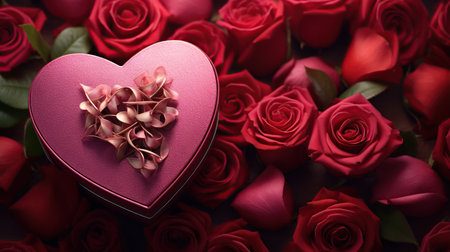 Valentine's Day background with red roses and gift box. Generative AIの素材
