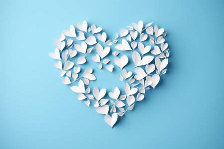 White paper hearts on a blue background. Valentine's Day concept. 3D Rendering. Generative AIの素材