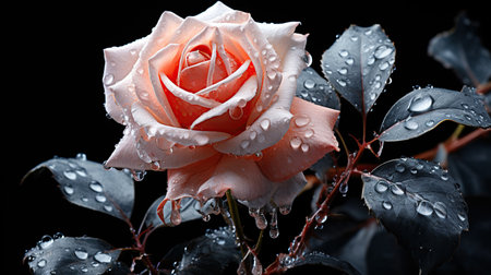 Beautiful pink rose with water drops on black background, closeup. Generative AIの素材