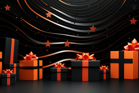 Black and orange gift boxes on black background with stars. Vector illustration. Generative AIの素材
