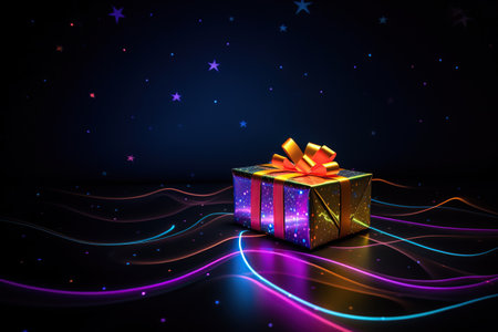 Illustration of a shiny gift box with a bow on a dark background. Generative AIの素材